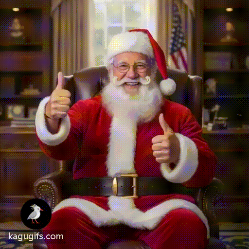Santa Claus with fluffy white beard, round wire-rimmed glasses, red velvet suit trimmed with white fur, black leather belt with gold buckle, red and white striped hat with white pom-pom, sitting confidently in the prestigious Oval Office desk chair, gesturing warmly with both thumbs up.