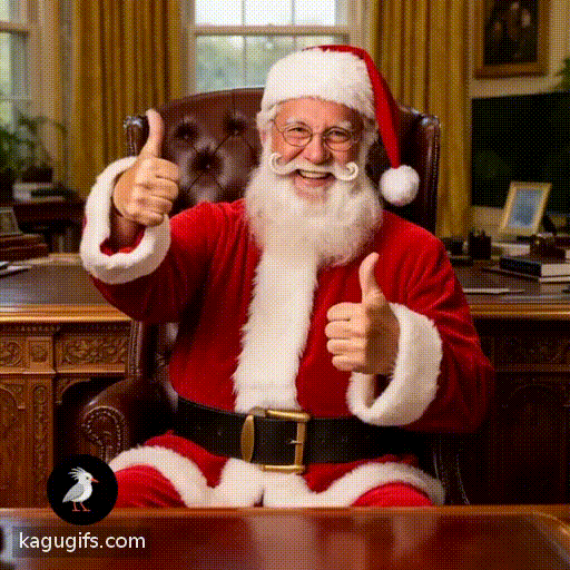 Santa Claus with fluffy white beard, round wire-rimmed glasses, red velvet suit trimmed with white fur, black leather belt with gold buckle, red and white striped hat with white pom-pom, sitting confidently in the prestigious Oval Office desk chair, gesturing warmly with both thumbs up.