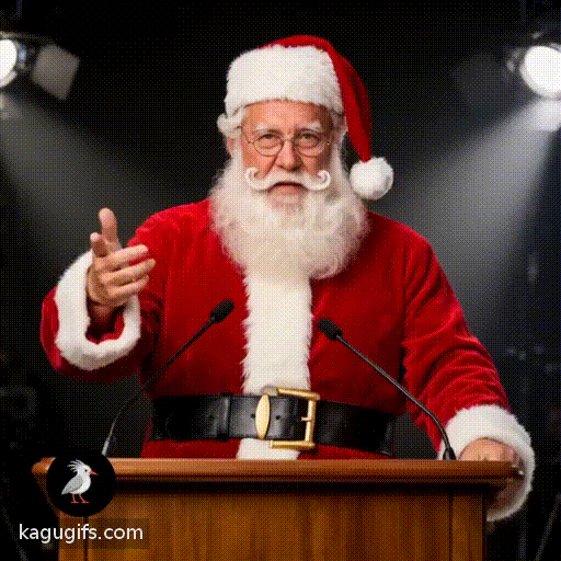 Santa Claus in classic red suit with white fur trim, fluffy white beard, round glasses, and iconic red hat with white pompom, standing at a wooden podium giving a serious address with a stern, focused expression and gesturing emphatically.