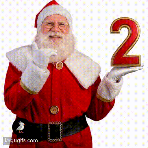 Santa with a full white beard and glasses wearing a red suit with white fur trim, cheerfully holding up the number 2 with both hands in a festive pose.