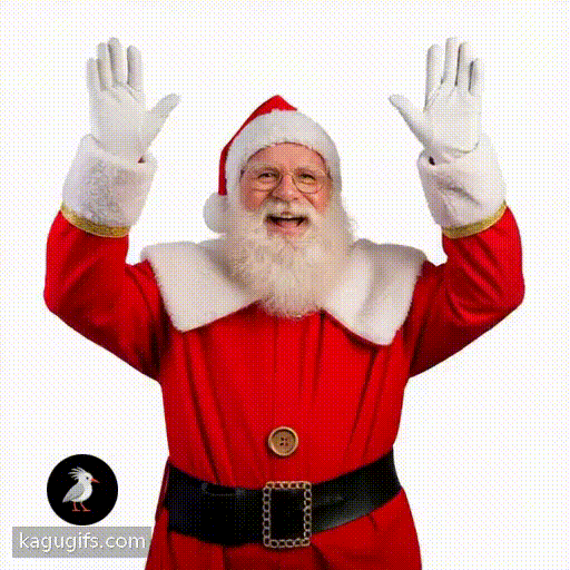 Santa with a long white beard and glasses, wearing a red suit with white fur trim and a red hat, triumphantly holding up the number two with both hands in a snowy forest.