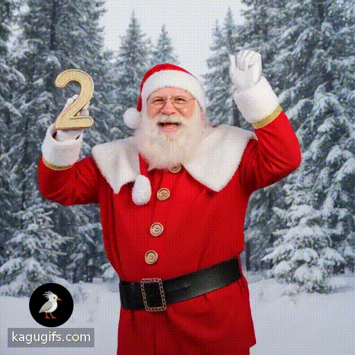 Santa with a long white beard and glasses, wearing a red suit with white fur trim and a red hat, triumphantly holding up the number two with both hands in a snowy forest.