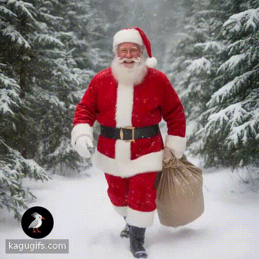Santa Claus with fluffy white beard, round spectacles, red and white fur-trimmed suit, and black belt with gold buckle, walking through a snowy forest with evergreen trees dusted in white snow.