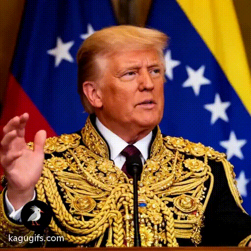 Donald Trump speaking at a podium with the Venezuelan flag behind him, dressed in ornate regalia with gold embellishments and elaborate decorative details, his distinctive swept-back blonde hair and assertive expression captured mid-speech as he gestures emphatically.