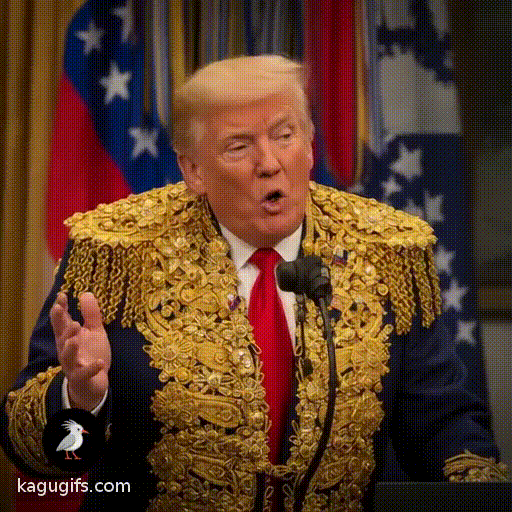 Donald Trump speaking at a podium, dressed in ornate regalia with golden embellishments, his signature blonde hair styled back, wearing elaborate ceremonial attire with intricate details, gesturing as he delivers a speech with the Venezuelan flag draped behind him, animated expression mid-address.