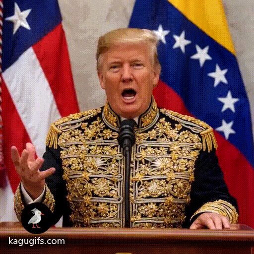Donald Trump speaking at a podium with the Venezuelan flag behind him, dressed in ornate regalia with gold embellishments and ceremonial details, his signature blonde hair swept back, gesturing expressively while delivering a speech with confident body language.