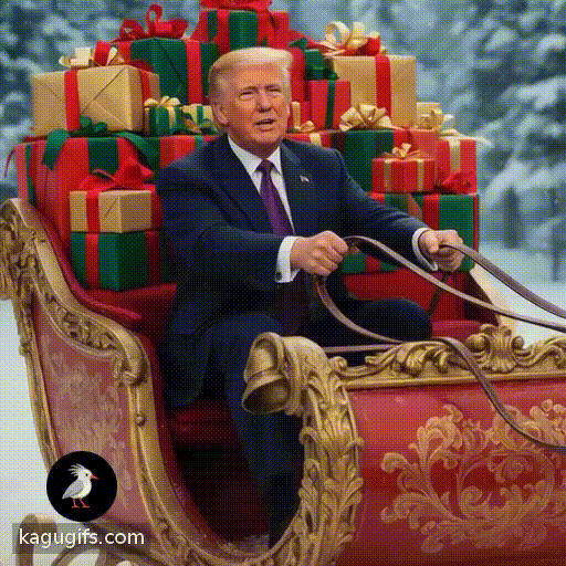 Donald Trump with distinctive blonde hair wearing a dark suit and purple tie energetically driving Santa's sleigh loaded with colorful wrapped presents, gripping the reins with confident hands as the ornate red and gold sleigh moves forward through snowy night sky.