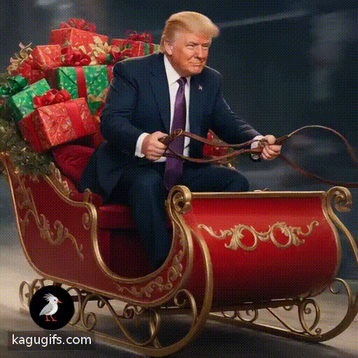 Donald Trump with distinctive blonde hair wearing a dark suit and purple tie energetically driving Santa's sleigh loaded with colorful wrapped presents, gripping the reins with confident hands as the ornate red and gold sleigh moves forward through snowy night sky.