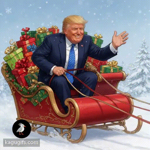 Donald Trump in navy suit with blue polka-dot tie and American flag pin, blonde hair swept back, confident smile, gripping red sleigh reins, driving Santa's sleigh full of colorful wrapped presents, leaning forward with animated gesture through snowy night sky.
