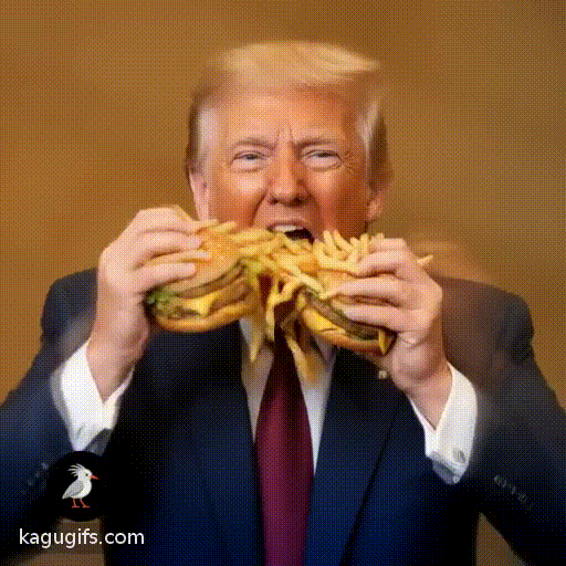 Donald Trump with blonde swept-back hair, tan complexion, wearing a dark navy suit with white dress shirt and burgundy tie, energetically shoveling McDonald's fries and burgers into his mouth with both hands in rapid animated movements.
