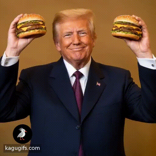 Donald Trump with big Macs in both hands, wearing a dark navy suit with a burgundy tie, signature blonde hair swept back, confident expression, proudly raising the burgers with enthusiastic arm movements, distinctive build and gesture.