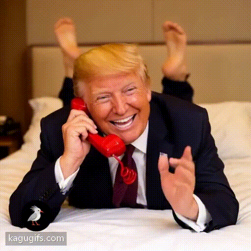 Donald Trump with distinctive golden-blonde hair and business suit laying down face on a bed facing towards the camera with his legs in the air behind him talking happily on a red telephone, cheerful expression, animated gesturing.