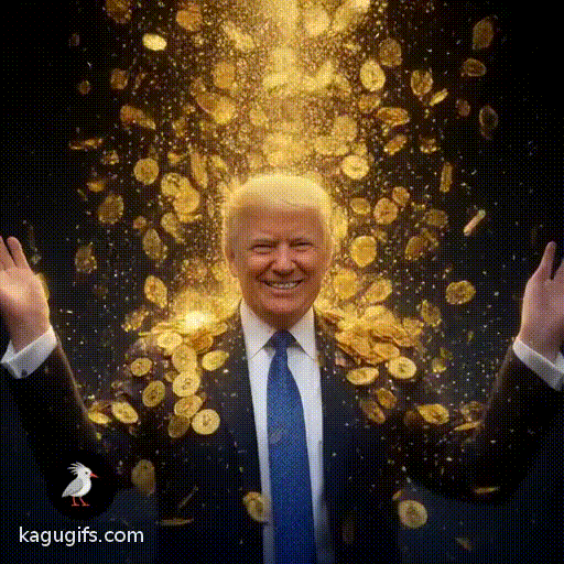Donald Trump in a navy suit with blue patterned tie and American flag pin, his distinctive golden hair styled back, broad smile on his face, arms outstretched upward as gleaming golden bitcoin coins cascade down around him, showering over his head and shoulders in a sparkling torrent.