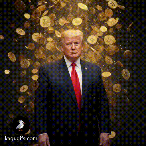 Donald Trump in a dark navy suit and red tie, standing with a confident expression, golden-blonde hair swept back, being showered in falling bitcoins cascading dramatically around him in an ornate office setting.