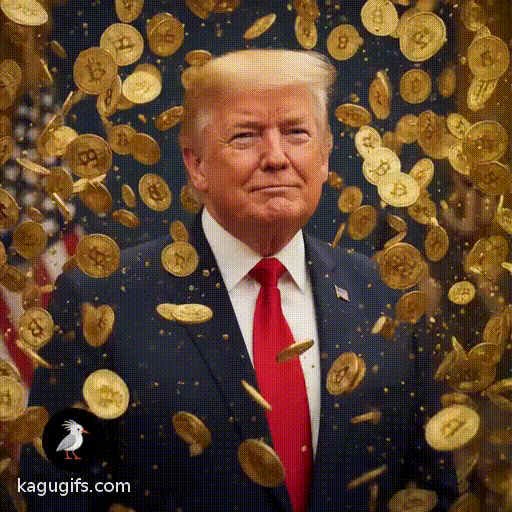 Donald Trump in a dark navy suit and red tie, standing with a confident expression, golden-blonde hair swept back, being showered in falling bitcoins cascading dramatically around him in an ornate office setting.