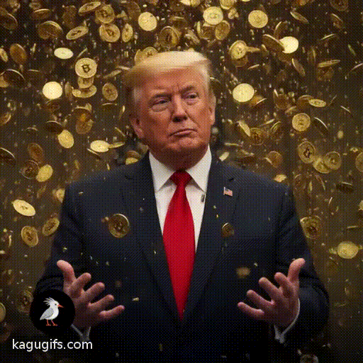 Donald Trump in a dark navy suit and red tie, standing with a confident expression, golden-blonde hair swept back, being showered in falling bitcoins cascading dramatically around him in an ornate office setting.