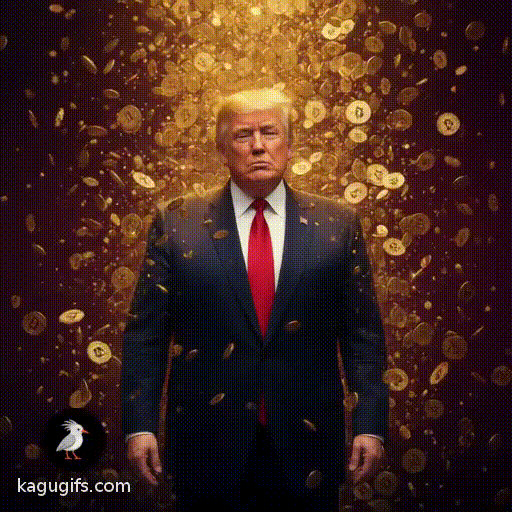 Donald Trump in a dark navy suit and red tie, standing with a confident expression, golden-blonde hair swept back, being showered in falling bitcoins cascading dramatically around him in an ornate office setting.
