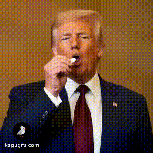 Donald Trump in a dark navy suit with burgundy tie, tossing aspirin up into his mouth, blonde hair swept back, characteristic expression, hand lifting toward his face in a confident gesture.