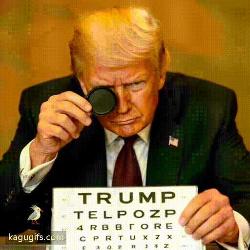 Donald Trump with distinctive golden-blonde swept-back hair wearing a dark navy suit and burgundy tie, leaning forward and squinting while taking an eye exam, holding an eye occluder and reading letters from a vision chart with focused concentration.
