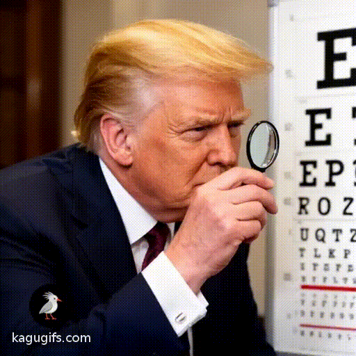 Donald Trump with distinctive golden-blonde swept-back hair wearing a dark navy suit and burgundy tie, leaning forward and squinting while taking an eye exam, holding an eye occluder and reading letters from a vision chart with focused concentration.