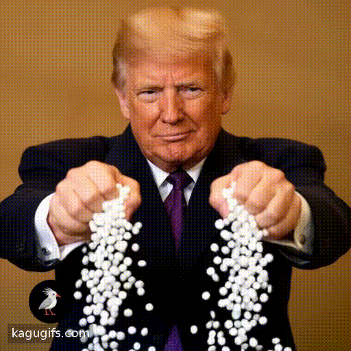Donald Trump in a dark navy suit with purple tie, blonde swept-back hair, gripping fistfuls of aspirin tablets in both hands, arms extending forward energetically as white pills spill between his fingers.