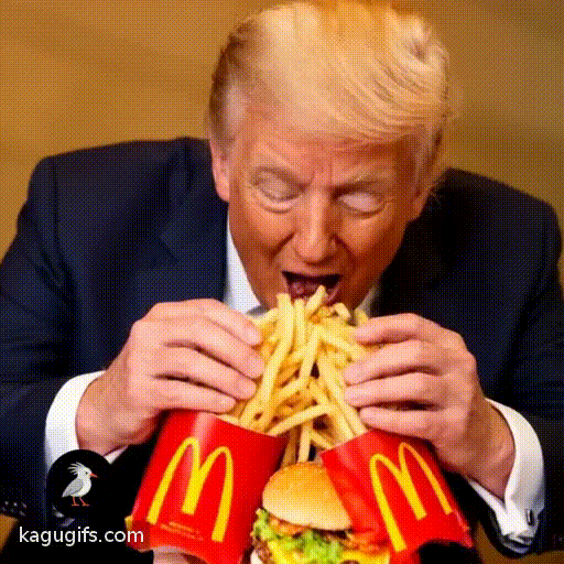 Donald Trump in a dark navy suit and burgundy tie, blonde swept-back hair, energetically inhaling McDonald's food, leaning forward with animated expression, grabbing golden fries and a burger, red and yellow McDonald's packaging visible in his hands.