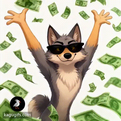 Animated wolf with gray and tan fur, pointed ears, and intense yellow eyes wearing sunglasses throwing dollar bills in the air with dynamic upward arm motion, bills fluttering around its body.