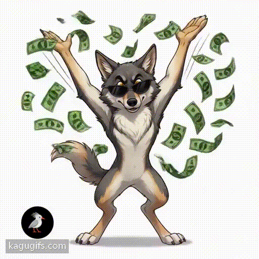 Animated wolf with gray and tan fur, pointed ears, and intense yellow eyes wearing sunglasses throwing dollar bills in the air with dynamic upward arm motion, bills fluttering around its body.