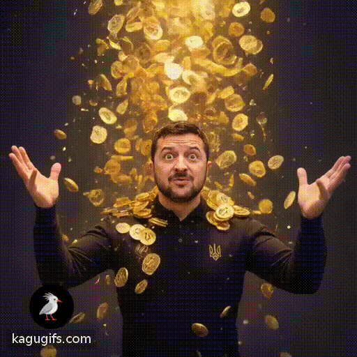 Volodymyr Zelensky in a black polo shirt with the Ukrainian trident emblem, short dark hair, stubble beard, standing with arms gesturing upward as golden Bitcoin coins cascade down around him, showering over his head and shoulders, coins tumbling and spinning through the air.