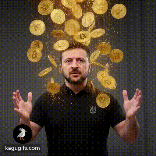 Volodymyr Zelensky in a black polo shirt with the Ukrainian trident emblem, short dark hair, stubble beard, standing with arms gesturing upward as golden Bitcoin coins cascade down around him, showering over his head and shoulders, coins tumbling and spinning through the air.