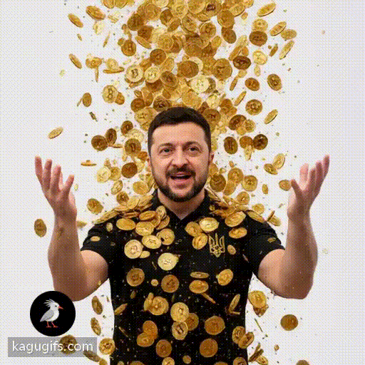 Volodymyr Zelensky in a black polo shirt with the Ukrainian trident emblem, short dark hair, stubble beard, standing with arms gesturing upward as golden Bitcoin coins cascade down around him, showering over his head and shoulders, coins tumbling and spinning through the air.