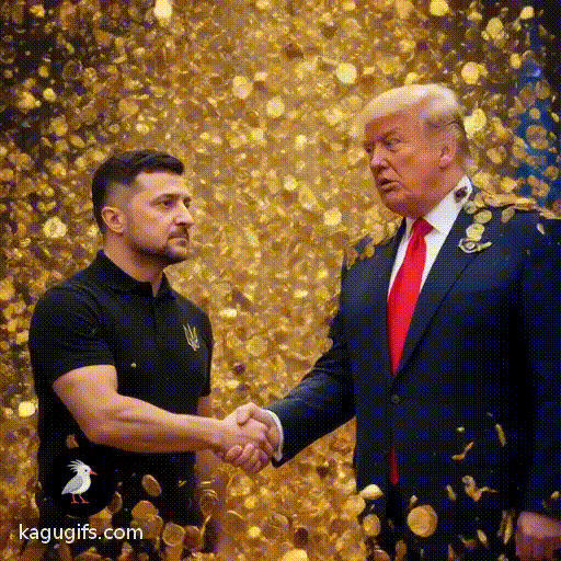 Volodymyr Zelensky in black polo with Ukrainian emblem and Donald Trump in signature suit clasp hands firmly as golden bitcoins shower down around them, both leaders moving through the cascade of digital coins.