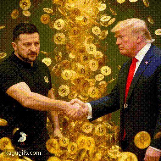 Volodymyr Zelensky in black polo with Ukrainian emblem and Donald Trump in signature suit clasp hands firmly as golden bitcoins shower down around them, both leaders moving through the cascade of digital coins.