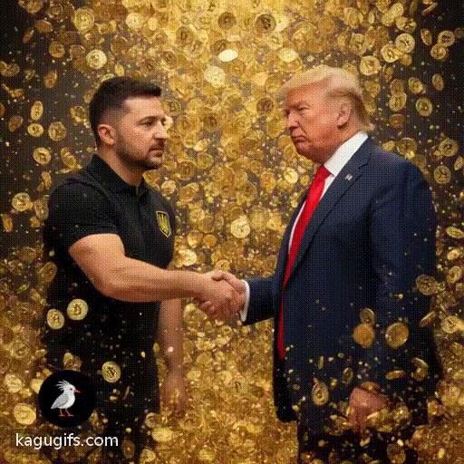 Volodymyr Zelensky in black polo with Ukrainian emblem and Donald Trump in signature suit clasp hands firmly as golden bitcoins shower down around them, both leaders moving through the cascade of digital coins.