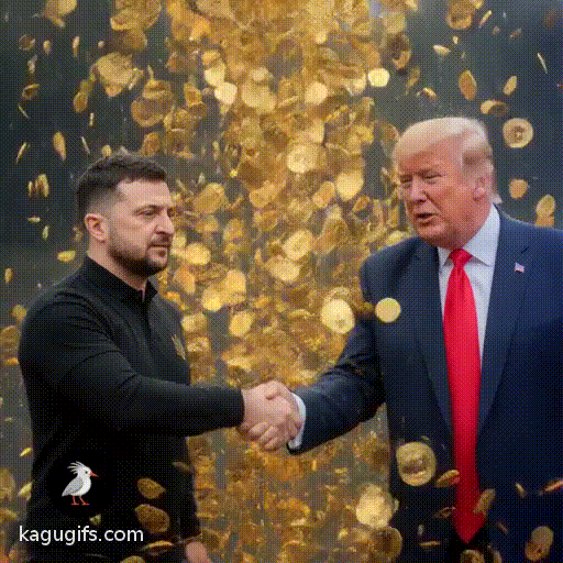 Volodymyr Zelensky in black polo with Ukrainian emblem and Donald Trump in signature suit clasp hands firmly as golden bitcoins shower down around them, both leaders moving through the cascade of digital coins.